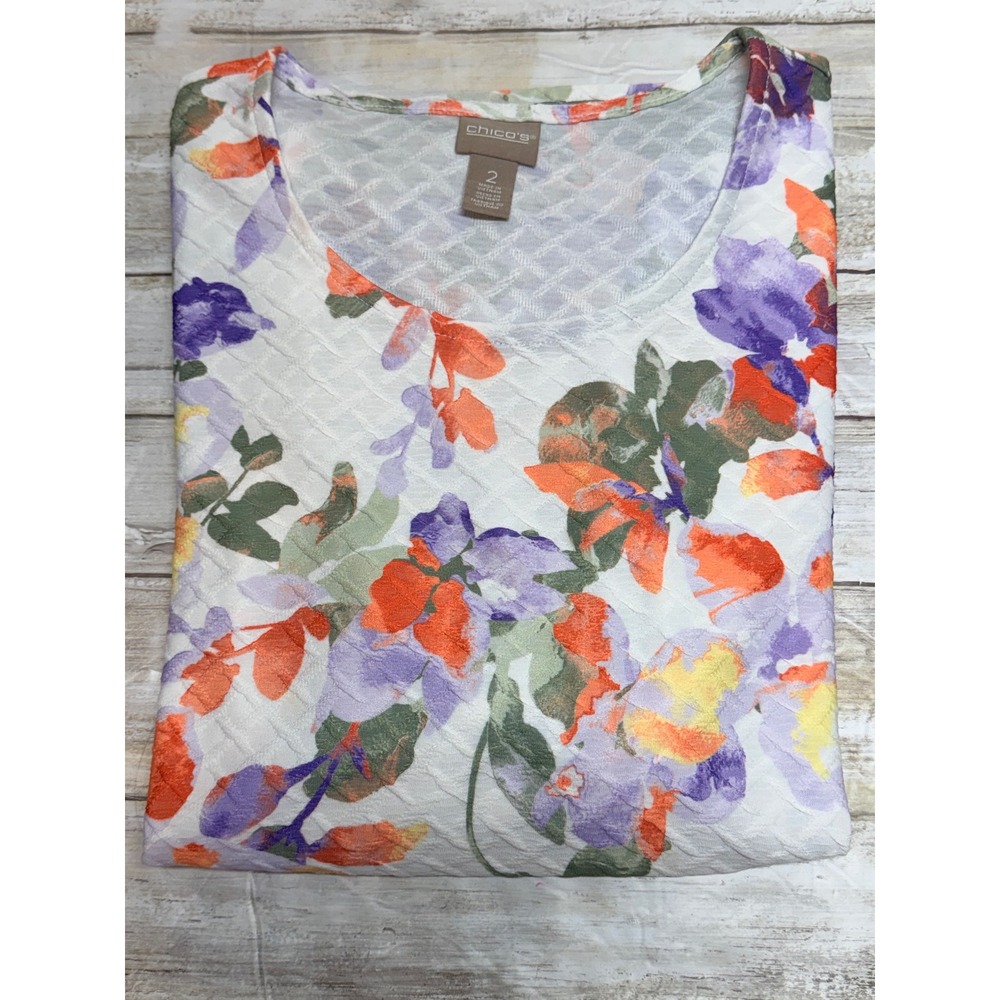 Chicos Floral Textured Short Sleeve Top Size 2(U.S. 12) Large White Watercolor